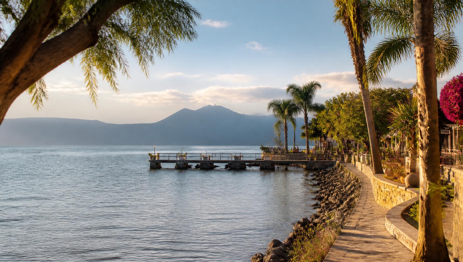 Lake Chapala shoreline and pier in Ajijic, Jalisco, Mexico